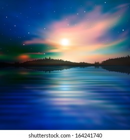 abstract nature background with sea forest and pink sunrise