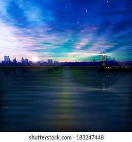 abstract nature background with silhouette of city and lighthouse