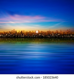 abstract nature background with silhouette of city and pink clouds