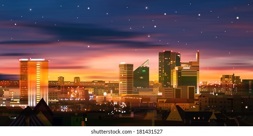 abstract nature background with stars sunrise and cityscape