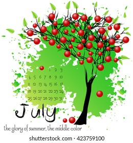 Abstract nature background with summer fructifying tree and sample of dates for calendar month July. Calendar design. Shape of tree on green splashes and blots. Vector illustration