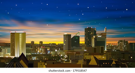 abstract nature background with sunrise and cityscape