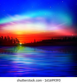 abstract nature background with sunrise and lake forest