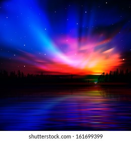 abstract nature background with sunrise and lake
