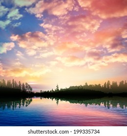 abstract nature background with sunrise on forest lake and pink clouds