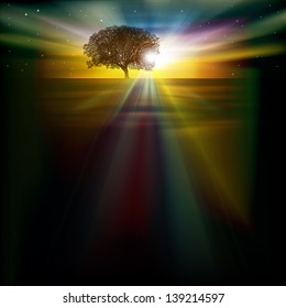 abstract Nature background with sunrise tree and stars