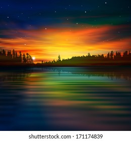 abstract nature background with sunset clouds and forest lake