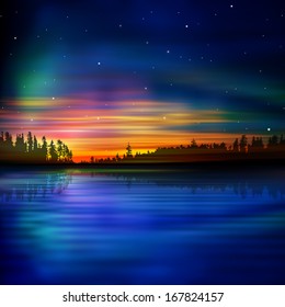 abstract nature background with sunset and forest lake