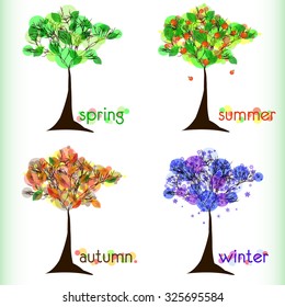 Abstract nature background with tree in four season. Green spring, red summer, yellow autumn, blue winter. Vector illustration