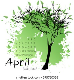Abstract nature background with tree and sample of dates for calendar month April. Calendar design. Shape of tree on background of green splashes and blots. Vector illustration