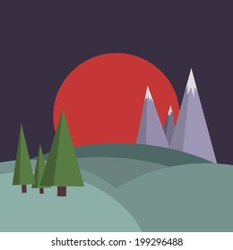Abstract nature background, with trees, and mountains. Flat design. Cartoon landscape, with nature elements. Triangle style. Easy to edit. Vector illustration - EPS10.