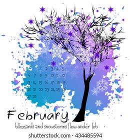 Abstract nature background with winter tree with snowflakes and sample of dates for calendar month February. Calendar design. Shape of tree on blue splashes and blots. Vector illustration 