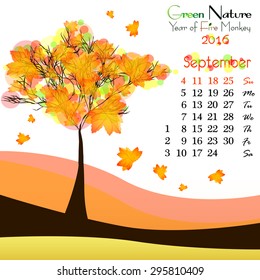 Abstract nature background with yellow tree and dates of September 2016. Golden autumn. Vector illustration