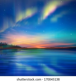abstract nature blue background with aurora borealis and forest
