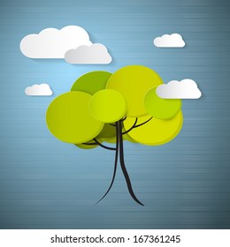 Abstract Nature Blue Background with Clouds and Tree
