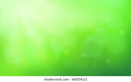 Abstract  nature blurred background  with bokeh effect. Green gradient backdrop with sunlight. Ecology concept for your graphic design, banner or poster. Vector illustration.