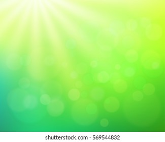 Abstract  nature blurred background with bokeh effect. Green gradient backdrop with sunlight. Ecology concept for your graphic design, banner or poster. Vector illustration.