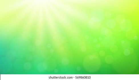 Abstract  nature blurred background with bokeh effect. Green gradient backdrop with sunlight. Ecology concept for your graphic design, banner or poster. Vector illustration.