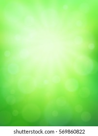 Abstract  nature blurred background with bokeh effect. Green gradient backdrop with sunlight. Ecology concept for your graphic design, banner or poster. Vector illustration.