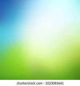 Abstract nature blurred background. Green gradient backdrop with sunlight. Ecology concept for your graphic design, banner or poster. Vector illustration.