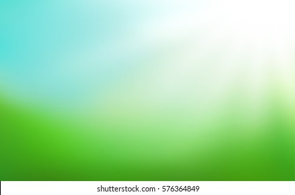 Abstract nature blurred background. Green gradient backdrop with sunlight. Ecology concept for your graphic design, banner or poster. Vector illustration.