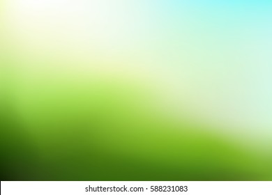 Abstract nature blurred background. Green gradient backdrop with sunlight. Ecology concept for your graphic design, banner or poster. Vector illustration