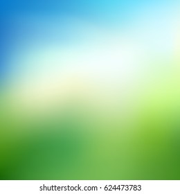 Abstract nature blurred background. Green gradient backdrop with sunlight. Ecology concept for your graphic design, banner or poster. Vector illustration.