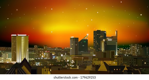 abstract nature brown background with city and sunset