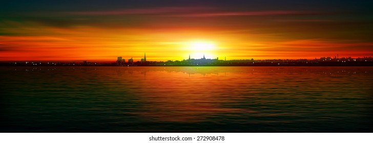 abstract nature brown background with panorama of city and sunset