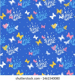 Abstract Nature Butterfly and Floral Vector Blue Color Background Pattern