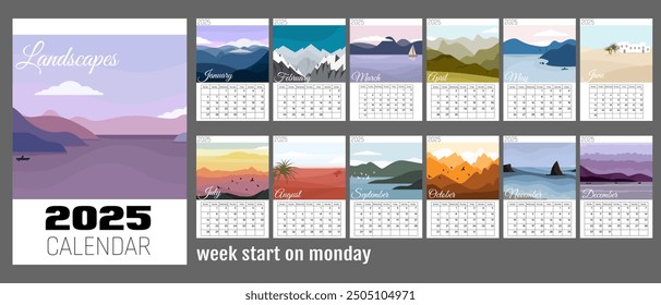 Abstract nature calendar for 2025 with flat minimal landscapes. Vertical A4 calendar by months, week starts on Monday. Greed calendar with places for notes.12 isolated month and cover on gray back.