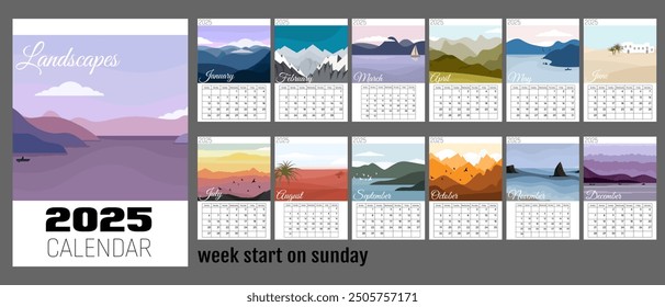 Abstract nature calendar for 2025 with flat minimal landscapes. Vertical A4 calendar by months, week starts on Sunday. Greed calendar with places for notes.12 isolated month and cover on gray back.