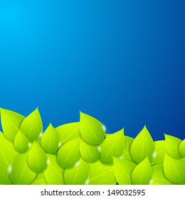 Abstract nature concept with fresh green leaves on blue background. 