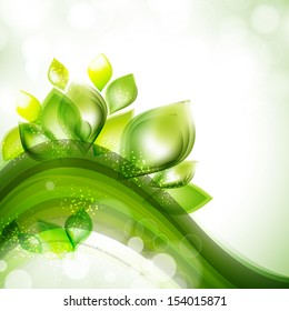 Abstract nature concept with green leafs on wave background. 