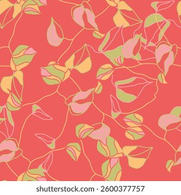 Abstract nature contemporary seamless pattern. Hand drawn flower and leaf shape textures. Repeatable vibrant boho prints. Vector illustration. 