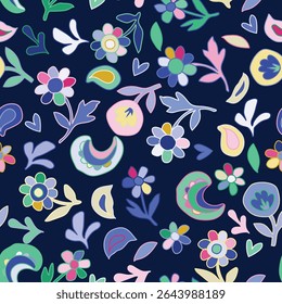 Abstract nature contemporary seamless pattern. Hand drawn flower and leaf shape textures. Repeatable vibrant boho prints. Vector illustration. 