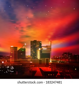 abstract nature dark background with city and red sunset