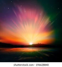 abstract nature dark background with forest lake and sunrise