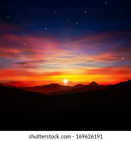 abstract nature dark background with gold sunrise in mountains