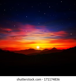 abstract nature dark background with red sunset in mountains