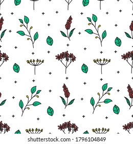Abstract Nature Doodles Pattern, Branches And Flowers Illustration, Seamless Pattern, Vector Art EPS 10.