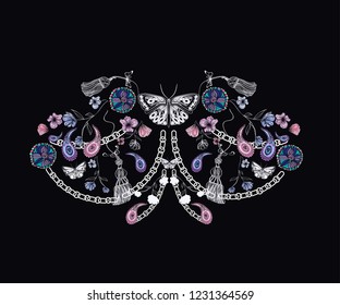 abstract nature elements and chains, paisley, stylized objects on dark background, modern design for print T-shirts, blouses, textile texture, vector illustration