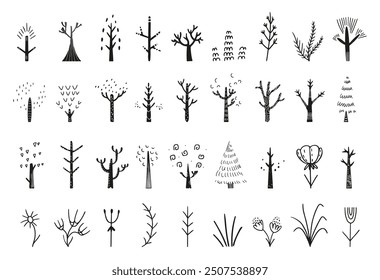Abstract nature elements. Tree branches bush and flowers. Isolated black doodle natural objects, hand drawn forest, organic vector clipart
