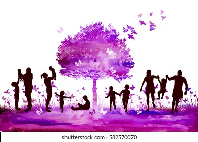 Abstract nature with family silhouettes. Vector