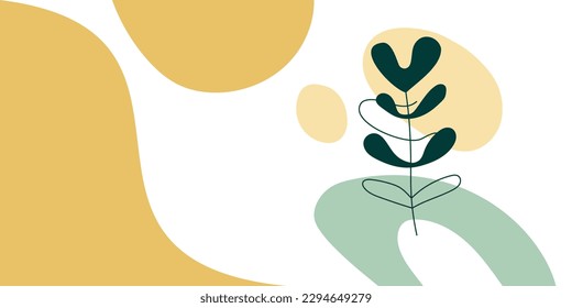 Abstract nature floral background vector. Modern yellow shape line art. Boho foliage botanical leaves vector illustration on white background.