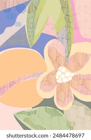 Naturaleza Abstractas, floral, plantas y líneas de colores de flores que dibujan siluetas de fondo de Ilustración vectorial. Diseño estético para portada, póster, Web y Anuncio.