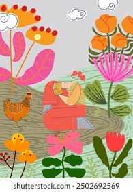 Naturaleza Abstractas, floral, plantas y flores líneas de colores dibujando siluetas de fondo de Ilustración vectorial. Diseño estético para portada, póster, Web y Anuncio.