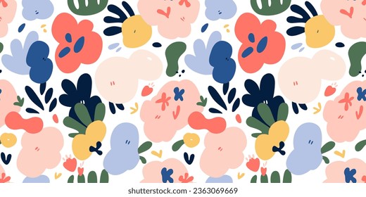 Abstract nature flower plant leaf art seamless pattern with colorful doodle shape. Organic leaves cartoon background, simple floral shapes in modern pastel colors. 