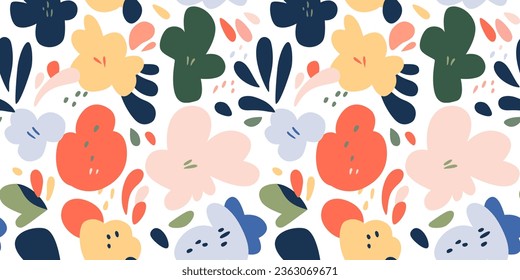 Abstract nature flower plant leaf art seamless pattern with colorful doodle shape. Organic leaves cartoon background, simple floral shapes in modern pastel colors. 