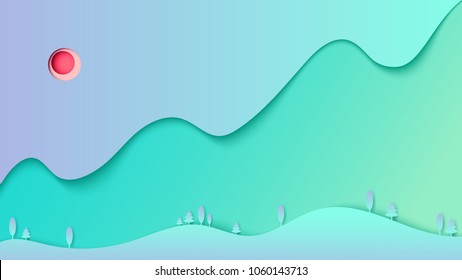 Abstract nature forest landscape with mountain and sky paper cut background template.Vector illustration.